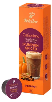 Productafbeelding van Tchibo Cafissimo koffiekapsules, gearomatiseerde espresso, pompoenkruiden, 10 stuks, limited edition. Natuurlijke aroma's van zoete pompoen met verwarmende kruiden, intensiteit 5/6, luchtdicht verpakt om de aroma's te behouden