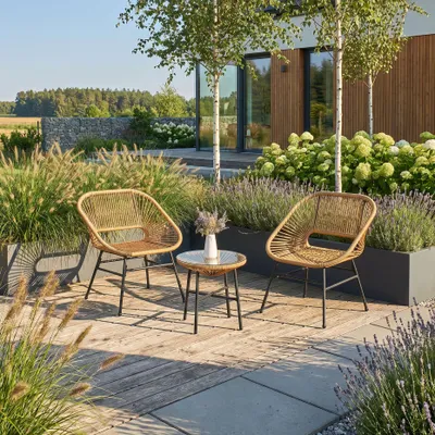Produktbild von BEAUTYSOFA | MALIKA Balkonmöbel Set Beige – Balkonset 2 Sessel + Tisch, Gartenmöbel Set, Balkon Lounge, Outdoor Möbel mit Glastisch