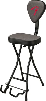 Produktbild von Fender 351 Sitz- und Gitarrenständer-Kombination, Zusammenklappbares Design, Abnehmbare Rückenlehne, Grauer Tweed-Stoff, rutschfeste Füße