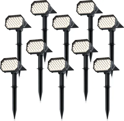 Image de 10x Brandson Projecteur de jardin avec piquet de terre, panneau solaire, Solarspotlight, batterie, 1800 mAh, 2 niveaux de luminosité, 60-80 lumens, 3000 K, IP65, résistant aux intempéries, orientable, montage, jardin, balcon, terrasse