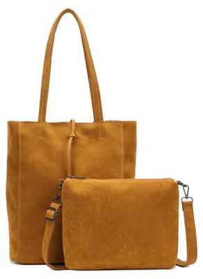 Produktbild von irisaa 2-in-1 Damen Taschen Set, Großer Shopper Schultertasche mit Reißverschluss und Umhängetasche mit Verstellbarem Gurt, Wildleder-Optik