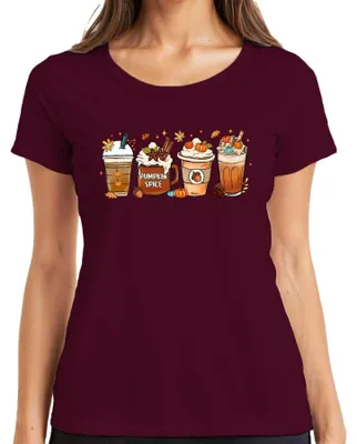 Imagen del producto de Camiseta para mujer, color burdeos, talla XL, con motivos de calabaza, especias de calabaza, café de otoño, canela