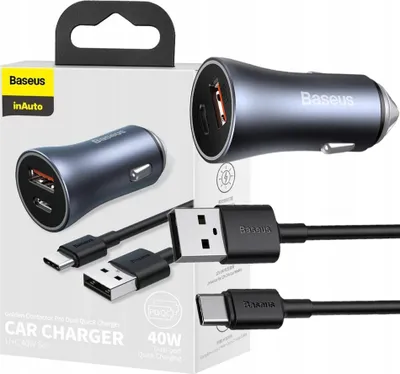 Immagine prodotto di Baseus Golden Contactor Pro Caricabatterie da auto, Usb + Usb-C, Qc4.0+, Pd, Scp, 40W (Grigio) + Cavo Usb a Usb-C 1M (Nero)