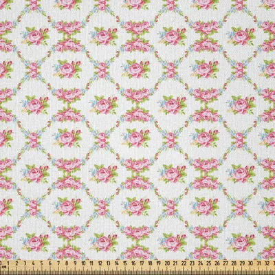 Produktbild von ABAKUHAUS Shabby Flora Microfaser Stoff als Meterware , Curvy Borders mit Rosenblüten Retro Feminine Flora Waves Garland inspiriert, 10 M (230 x 1000 cm), Mehrfarbig
