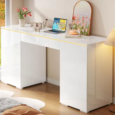 Produktbild von STILVORA Schreibtisch Hochglanz mit LED-Beleuchtung und 1 Schublade, Computertisch mit 2 Türen, Schminktisch mit Stauraum Weiß-Hochglanz
