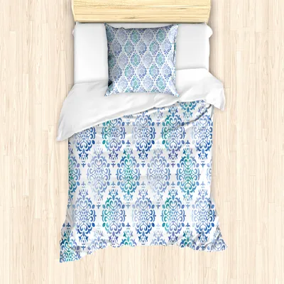 Produktbild von ABAKUHAUS Aquarell Bettbezug Set für Einzelbetten, Marokkanisches traditionelles, Milbensicher Allergiker geeignet mit Kissenbezug, Violettblau Meeresgrün