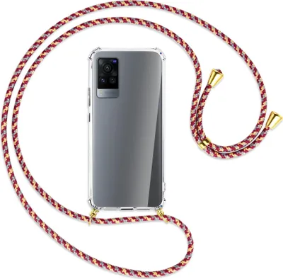 Produktbild von Handykette Backcover-Schutzhülle mit Band (Metall goldfarben) für vivo X60 Pro - weinrot/gelb/grau