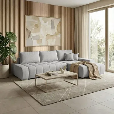 Produktbild von Beautysofa DRACO L Ecksofa mit Schlaffunktion & Bettkasten 267 cm - Schlafsofa, Bettsofa, Couch L-Form, Seitenausführung Rechts – Hellgrau Barrel 80