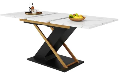 Obrázek produktu pro Jídelní stůl, rozkládací, 120-160 x 80 cm, Imitace mramoru, MDF, zlaté křížové nohy