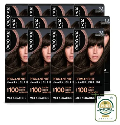 Imagen del producto de 12 unidades de tinte permanente para el cabello SYOSS 3-1, color marrón oscuro. Tinte duradero. Pack ahorro