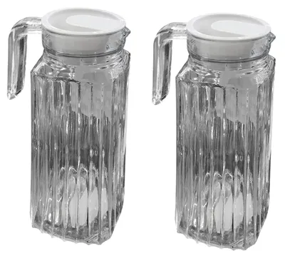 Produktbild von 2 x 1 Liter Glas Kühlschrankkrug Karaffe Saftkrug Glaskrug Kanne Deckel Griff H24cm