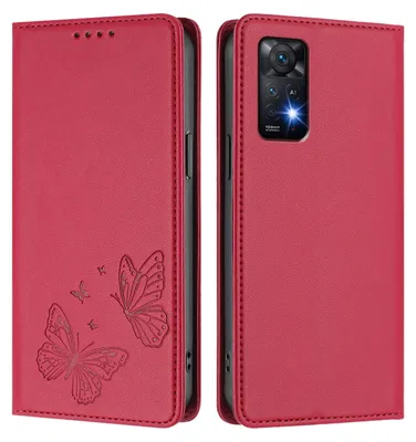 Obrázek produktu pro Kožené pouzdro pro Xiaomi Redmi Note 11 Pro 5G/4G/Note 12 Pro 4G, motýlí ražbou, peněženkové flip pouzdro se stojánkem Červená