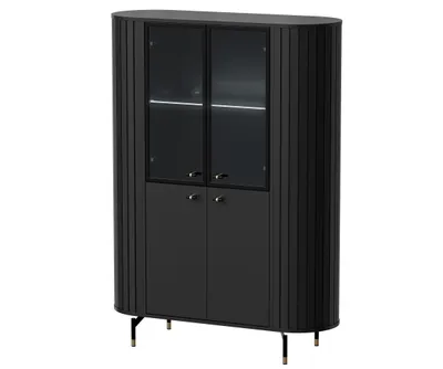A black vitrine cabinet with glass doors and gold handles, standing on thin gold legs.