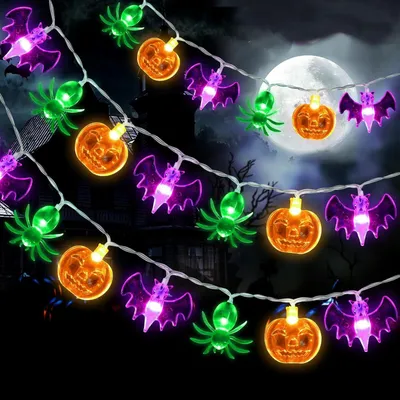 Halloween-Lichterkette 3m, 20 LED, Kürbis, Spinne, Fledermaus