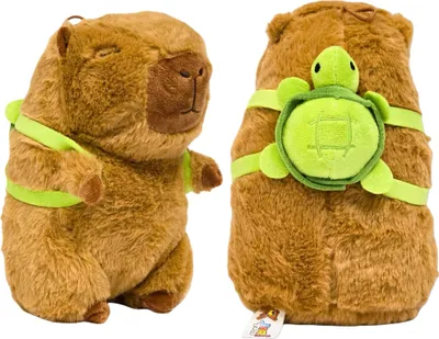 Two views of a brown plush capybara toy with a green turtle backpack attached.