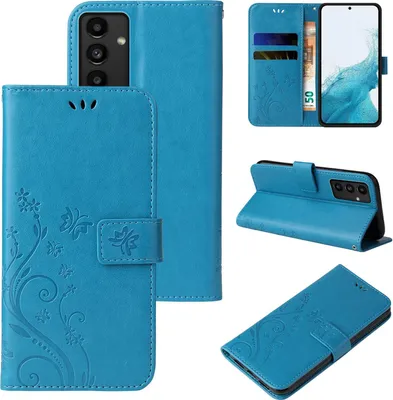 Collage of images showing a blue flip phone case with floral and butterfly embossing from multiple angles.