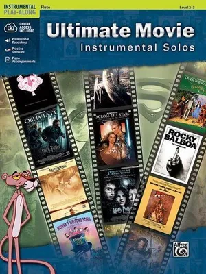 A collage of movie posters arranged in film strips, with a cartoon pink panther character on the left. The title 'Ultimate Movie Instrumental Solos' is prominently displayed at the top.