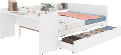 Produktbild von Merax Tagesbett Schlafsofa 140x200 cm, mit 2 Schubladen, Schreibtisch, Ablagefach, Kiefer, Kinderbett, Holzbett, Daybett, Flachbett, Jugendbett, Weiß