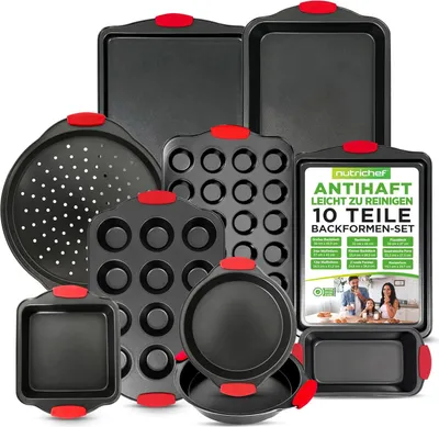 Produktbild von NutriChef 10-Teiliges Backform Set Stapelbar – Antihaftbeschichtete Backformen inkl. Backblech mit Silikongriffen