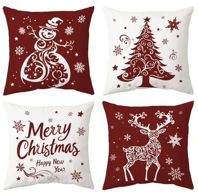 Kissenbezug Weihnachten 45x45 cm, 4er-Set, Elch, Schneemann, Rot