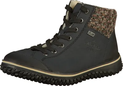 A single blue Rieker women's boot is shown against a white background.