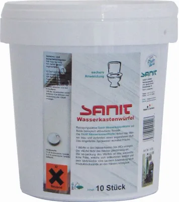 A white plastic bucket containing toilet cleaning tablets.