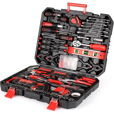 Produktbild von Werkzeugkoffer gefüllt 198tlg Haushaltswerkzeug Set mit Ratsche Steckschlüsselsatz Schraubenzieher Rot/Schwarz 44x34x8cm