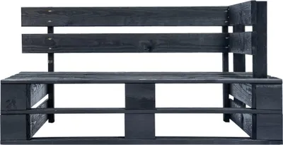 A black wooden corner bench made from pallets, shown against a white background.