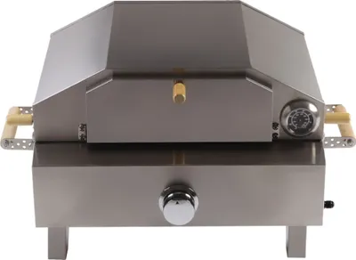 Produktbild von fireking Pizzaofen Bologna, gasbetrieben, 3.5 kW, 400 °C max., Piezozündung, int. Thermometer, inkl. 50 mbar Gasregler & 0.8 m Schlauch, Edelstahl/Keramik/Holz, Backfläche 52x33 cm, Maße 71.6x49x43 cm, 15.5 kg, kompakt, für Garten, Balkon, Camping