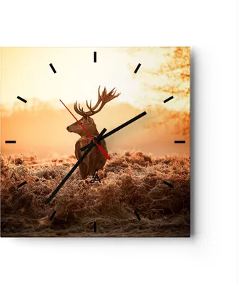 Produktbild von Wanduhr - Quadrat - Glasuhr - Hirsch Natur Feld - 30x30cm - Schleichendes Uhrwerk - Lautlos - zum Aufhängen bereit - Dekoration Modern - Wanddekoration aus Glas - C3AC30x30-3632