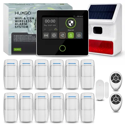 Immagine prodotto di Set di allarme HUXGO con Wi-Fi + GSM 4G, sirena solare, 12 rilevatori di movimento e 1 sensore per porte, HXA502 B
