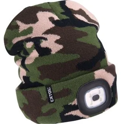 Imagen del producto de Extol Light 43464: Gorro con linterna frontal, 4x45 lúmenes, carga USB, diseño camuflaje, talla única