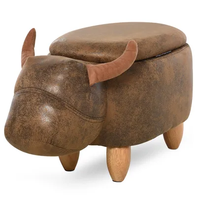A brown bull-shaped ottoman with wooden legs, shown from a front-side angle against a white background.