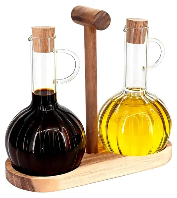 Produktbild von Öl- und Essigspender Set mit Holzständer, 300ml Flaschen aus Borosilikatglas