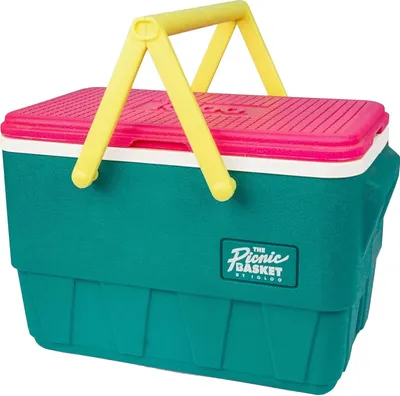 A teal, pink, and yellow Igloo picnic cooler is shown against a white background.