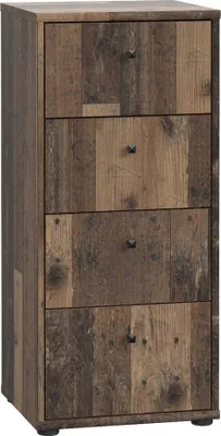 A tall, narrow chest of drawers with a rustic, wood-plank appearance.