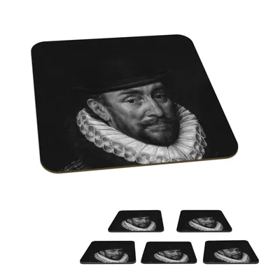 Obrázek produktu pro KitchenYeah® Čtvercové podtácky na sklenice sada 6 ks Portrét Viléma I. - Adriaen Thomasz - černobílé podtácky na sklenice 10x10 cm - podtácky na nápoje - ochrana desky stolu - sada podložek na stůl