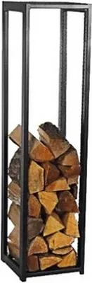 A black metal firewood rack filled with logs.
