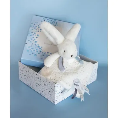 Zdjęcie produktu dla Doudou Zestaw upominkowy niebieski - królik z kwadratowym kocykiem 25 cm