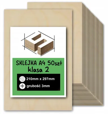 Zdjęcie produktu dla Sklejka brzozowa, formatki prostokątne do cięcia laserem i grawerowania – CNC, modelarstwo, pirografia, decoupage, malowanie, dekoracje i rękodzieło DIY – klasa 2 – A4, 21 × 29,7 cm (210 × 297 mm) – 3 mm – 50 szt.