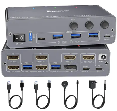 Obrázok produktu pre KVM prepínač pre 3 počítače, 2 monitory, s portami USB-C, HDMI a DP, s podporou EDID