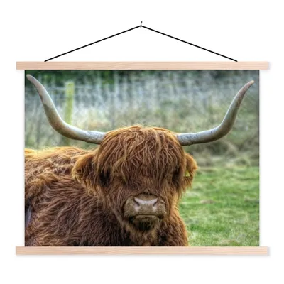 Produktbild von MuchoWow® Textilposter Schottischer Highlander - Kuhkopf - Hörner 40x30 cm mit holzfarbenen Rahmen - Bilder