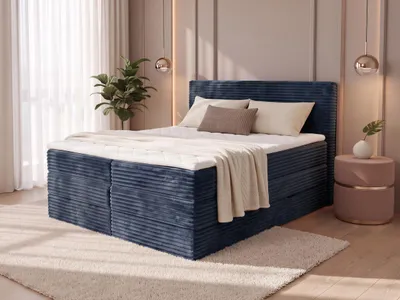 Produktbild von Boxspringbett Mollo XL mit 2 Bettkästen und Topper, mit Taschenfederkern- und Bonellfederkernmatratze, Doppelbett, Polsterbett aus Cordstoff mit Stauraum (Blau (Tilia 77), 140 x 200 cm)