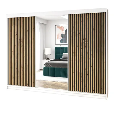 A sliding door wardrobe with wooden slats and a mirror, reflecting a bedroom interior.