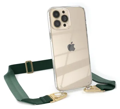 Produktbild von EAZY CASE - Hülle mit Band für Apple iPhone 13 Pro Max, Handyhülle mit Umhängeband, Silikonhülle transparent, Handykette in Grün