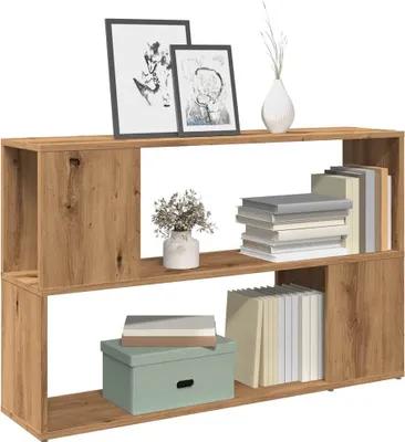 A wooden bookshelf with decorative items and books.