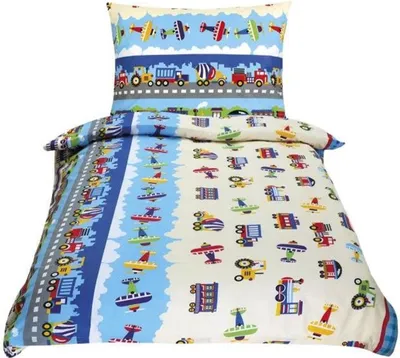 A children's bedding set with a transportation theme, including airplanes, trucks, and cars.
