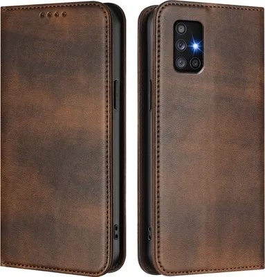 A product shot of a brown leather phone case for a Samsung Galaxy A71 5G, shown from the front and back.