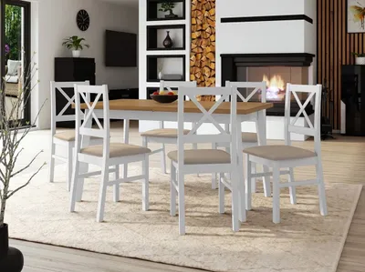Obrázok produktu pre Rozkladací jedálenský stôl 140 cm so 6 stoličkami ADELBITE 3 - dub grandson / biely / béžový