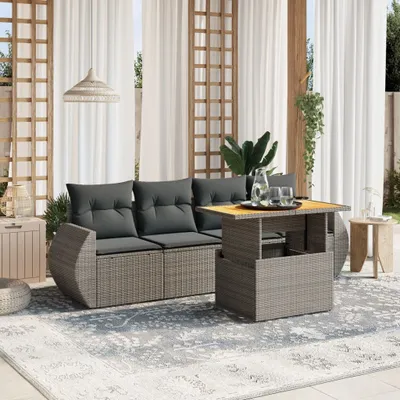 Produktbild von Design 5-tlg. Garten-Sofagarnitur mit Kissen Grau Poly Rattan, Gartenmöbel-Sets 2024 Neu